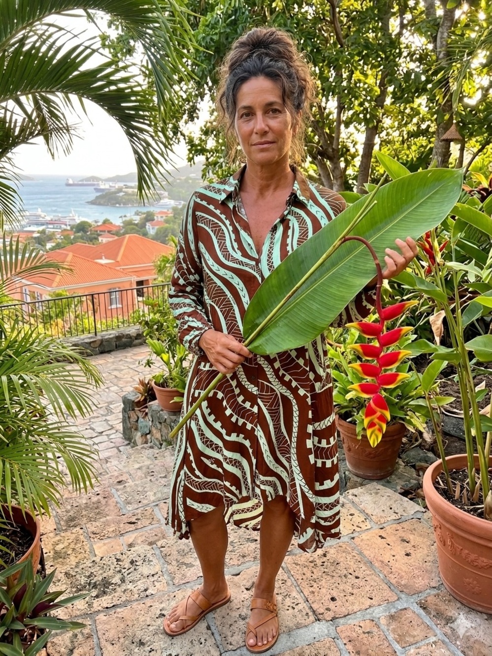 Missing Polynesia “le apia” collection dress, tapa inspired geometric print, M